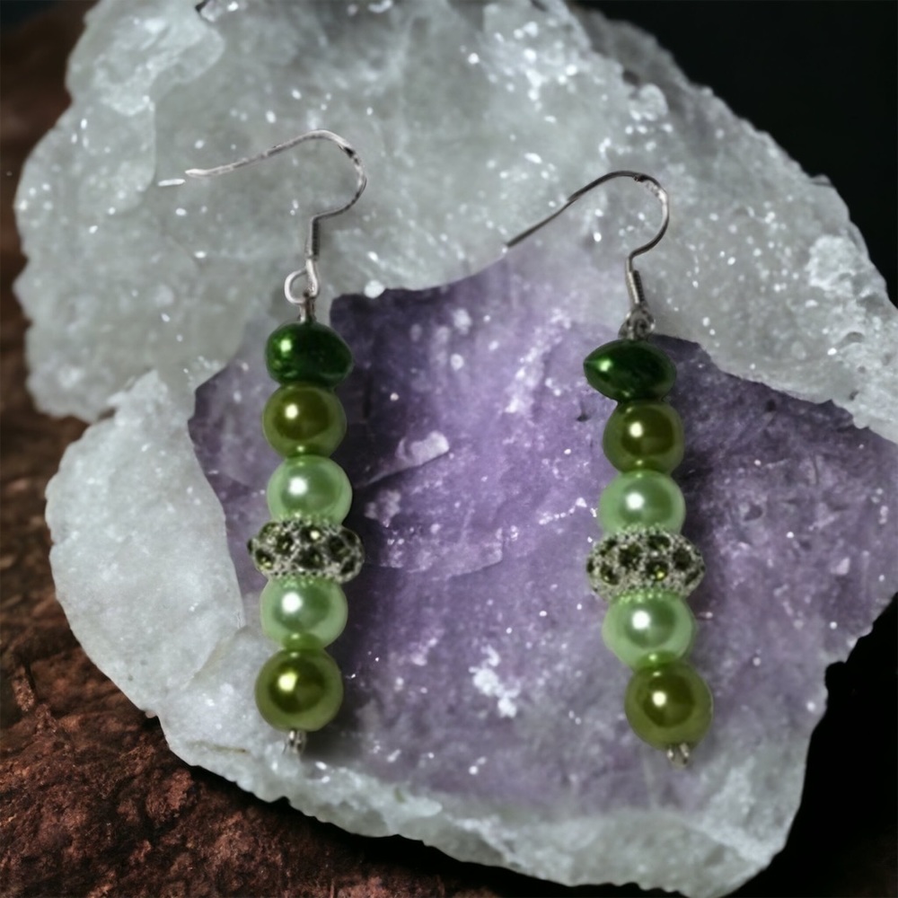 Paved Peridot Mixed Pearlized Bead Dangle Drop Earrings Handmade
